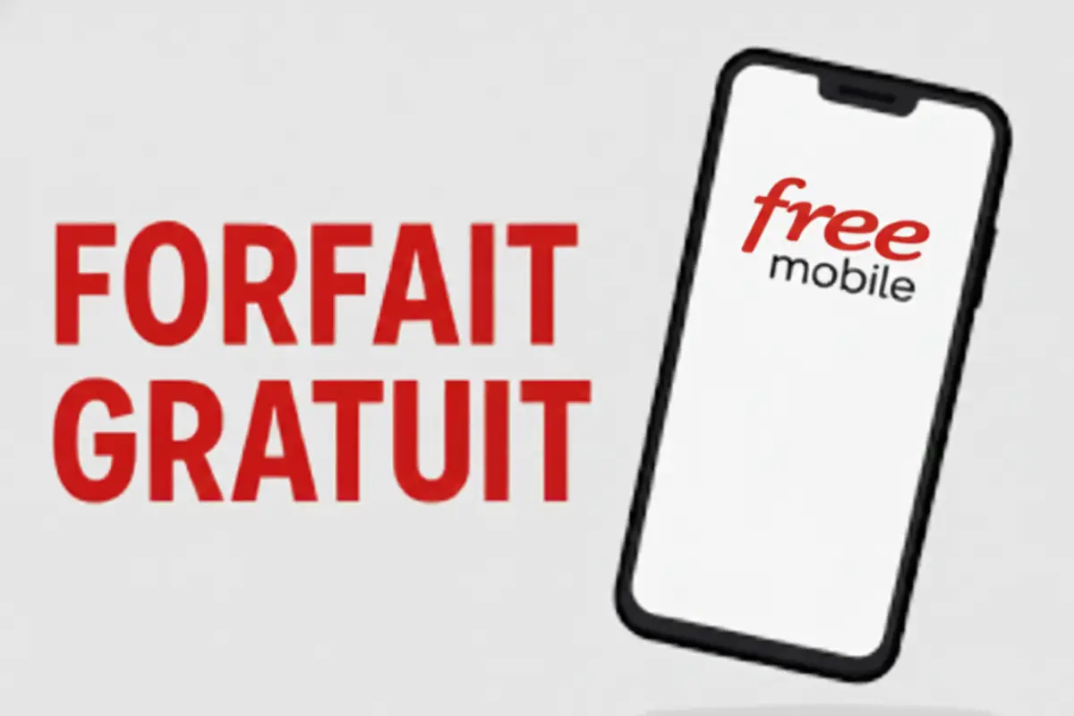 Smartphone avec logo de Free Mobile et inscription "Forfait gratuit" à côté