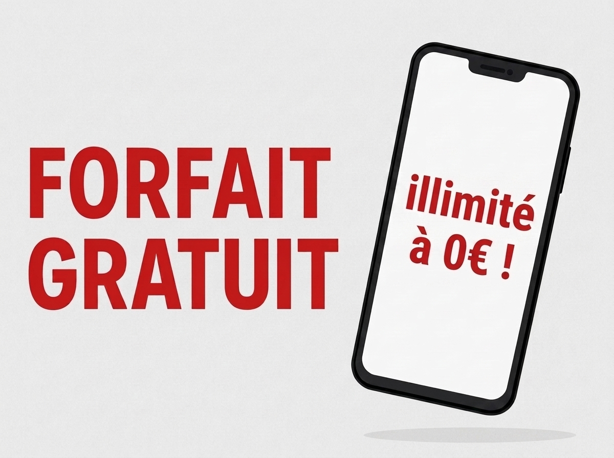smartphone inscrit "forfait gratuit 0€" en rouge, car mini forfait et Booster 1 Go offert par Free à ses abonnes Freebox