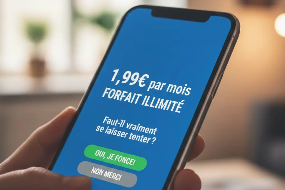 Smartphone avec inscription "forfait illimité à 1.99€"