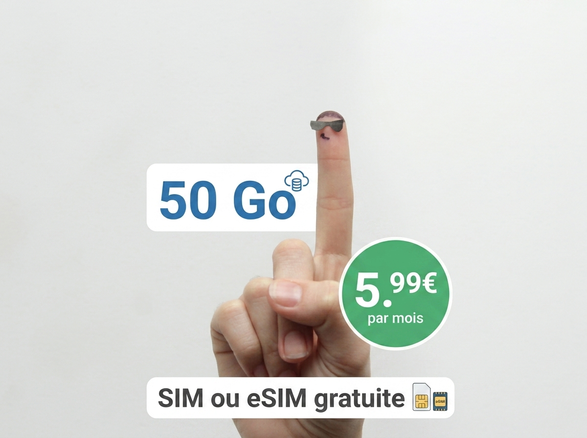 Doigt de la main levé et bonhomme qui sourit, car 50Go à 5.99€ et SIM ou eSIM gratuite grâce à Lebara