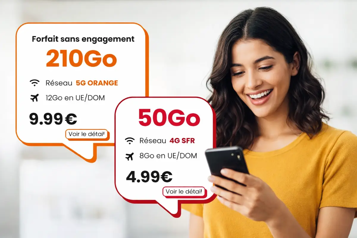Femme regarde son smartphone et sourit, et deux encarts pour deux supers forfaits chez YouPrice