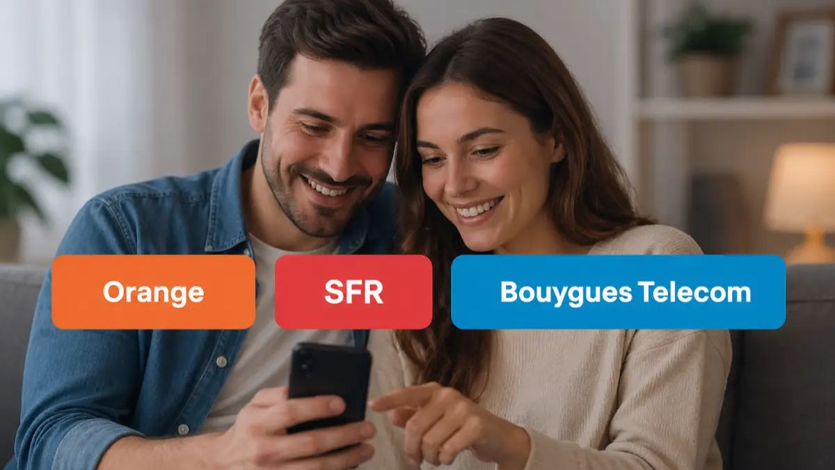 Couple regarde smartphone avec logos de SFR, Orange et Bouygues Telecom, les 3 partenaires réseau de YouPrice, pour petit forfait 50G pas cher