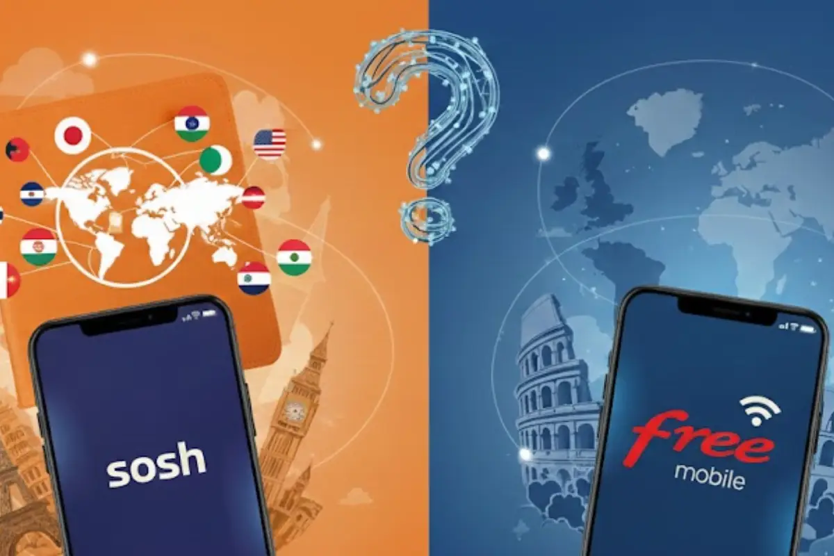Deux smartphones avec logos de Sosh et celui de Free séparé par un point d'interrogation, car qui a le meilleur forfait pour le voyage