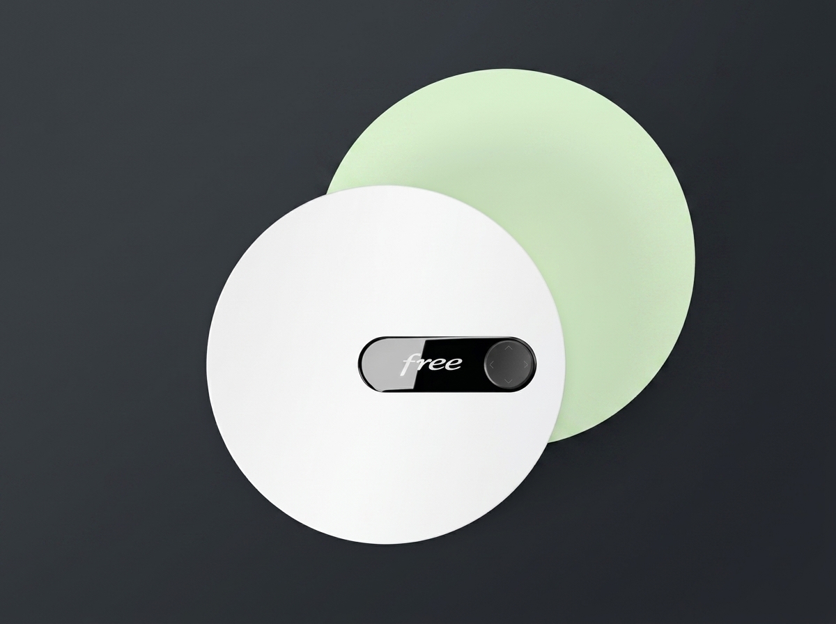 Boîtier Freebox blanc de forme circulaire avec écran central, sur fond gris foncé et cercle vert clair.