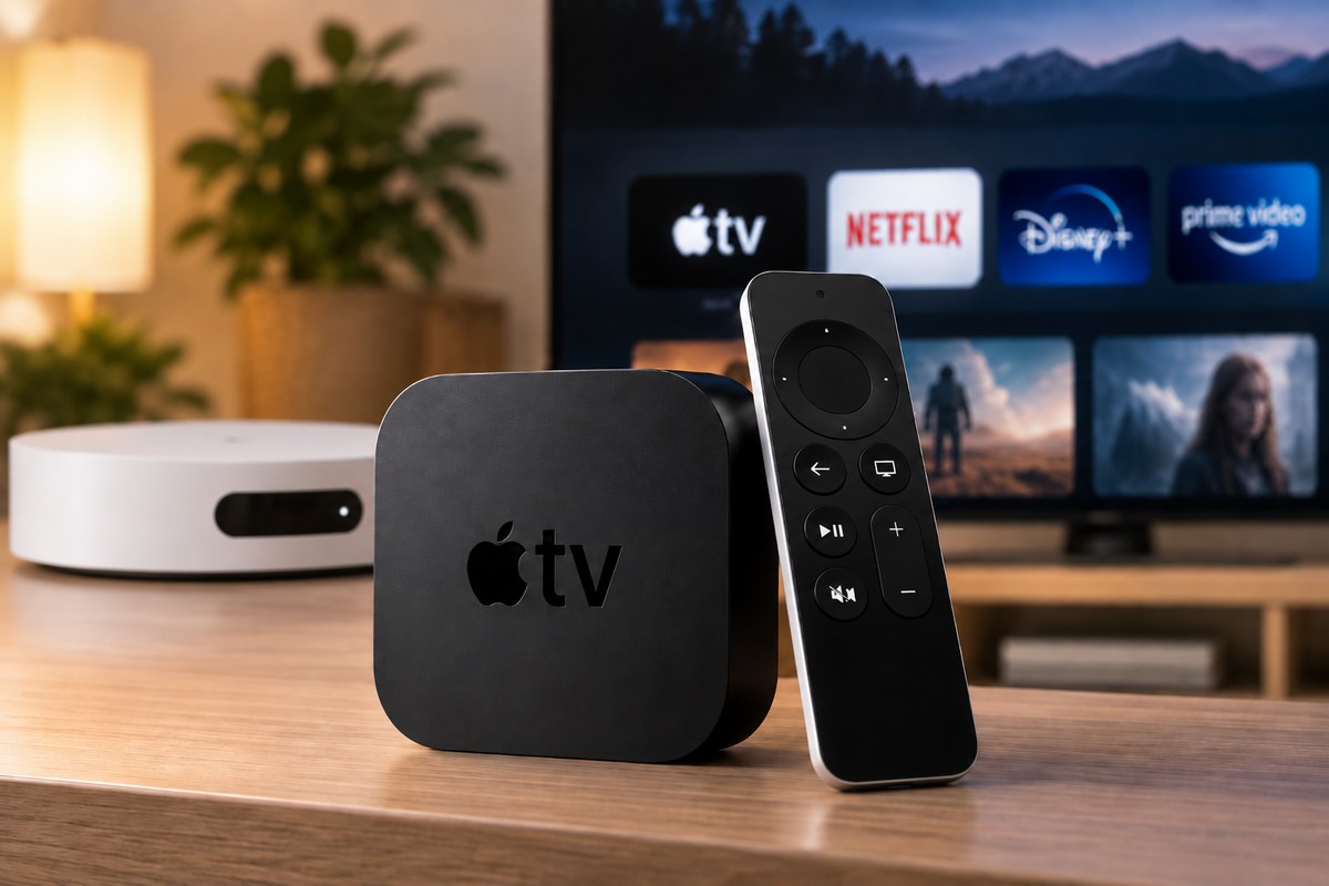 Un décodeur Apple TV devant une Freebox Pop