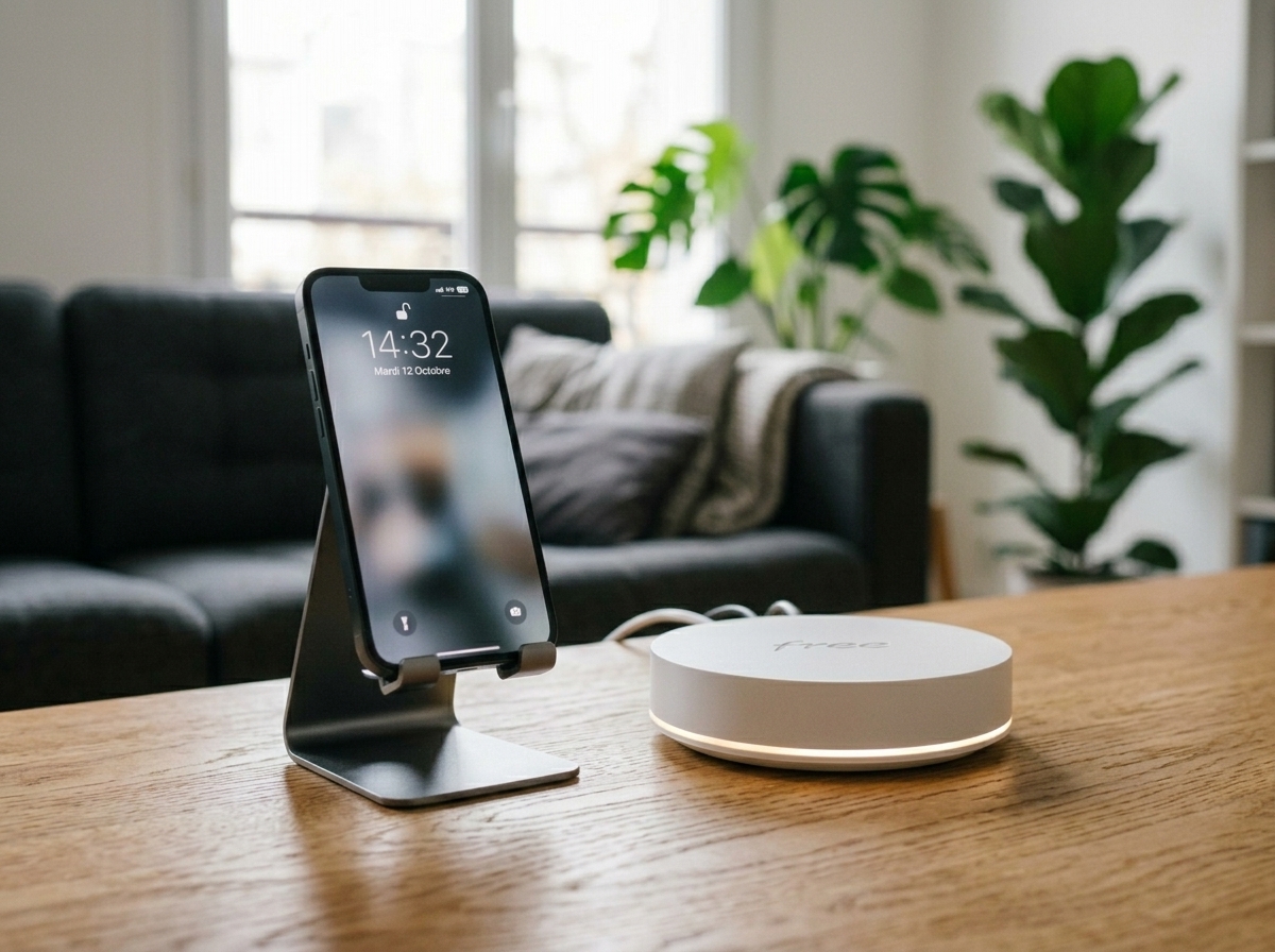 Smartphone sur support et Freebox Pop Server ronde et blanche posés sur une table en bois.