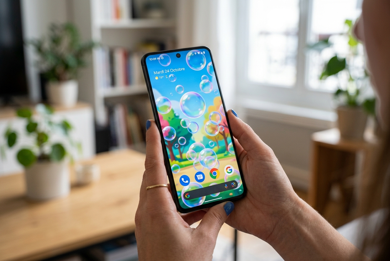 Un smartphone Google Pixel affichant des bulles flottantes à l'intérieur de son écran.