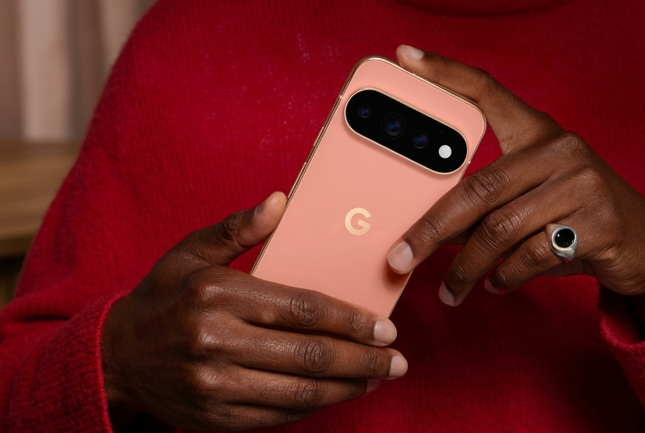 Mains tenant un smartphone Google Pixel rose avec un bloc photo arrière à trois objectifs.
