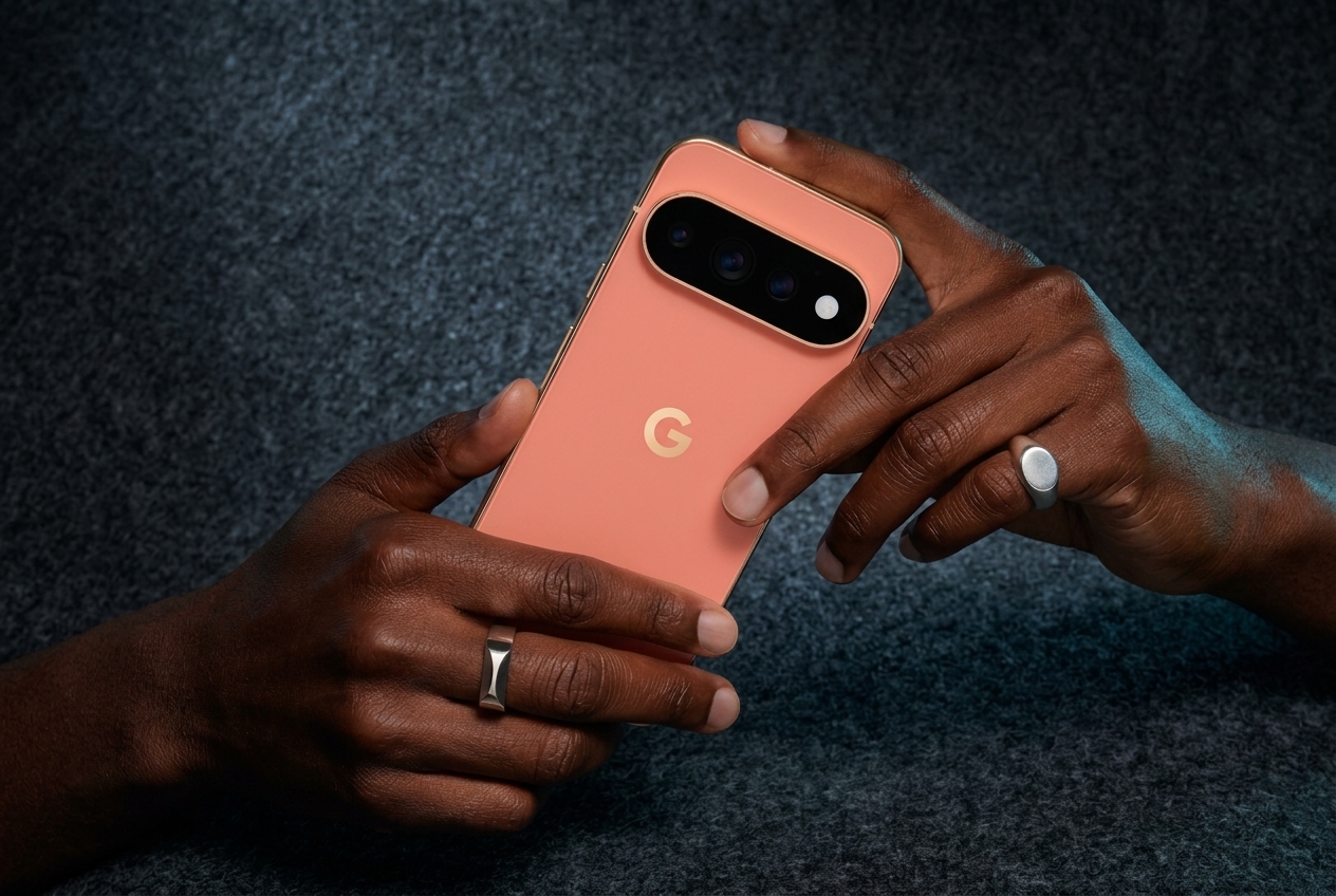 Mains tenant un smartphone Google Pixel rose sur un fond gris texturé.