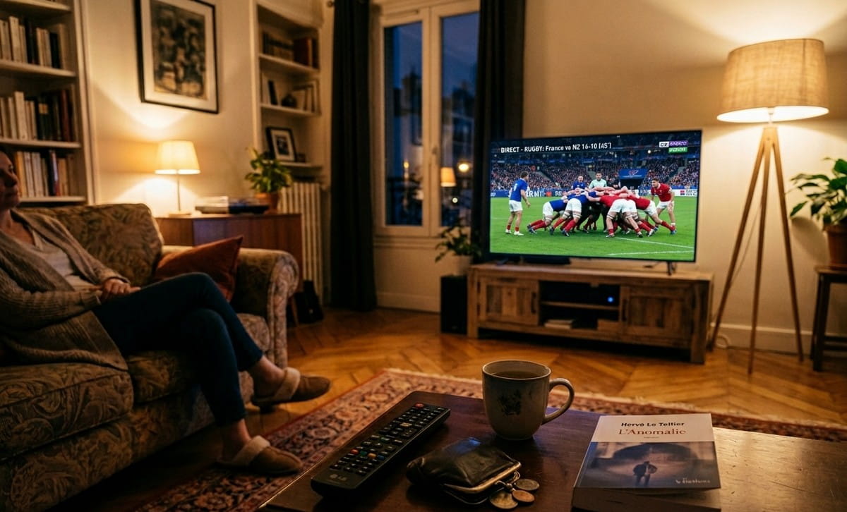 Salon français en soirée avec télévision allumée, télécommande et porte-monnaie sur la table basse, ambiance feutrée
