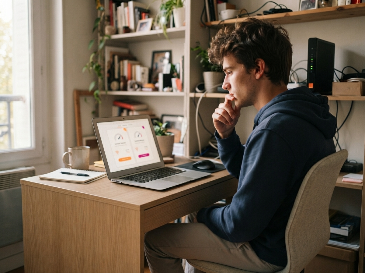 Homme assis à un bureau moderne avec un ordinateur portable devant une étagère.