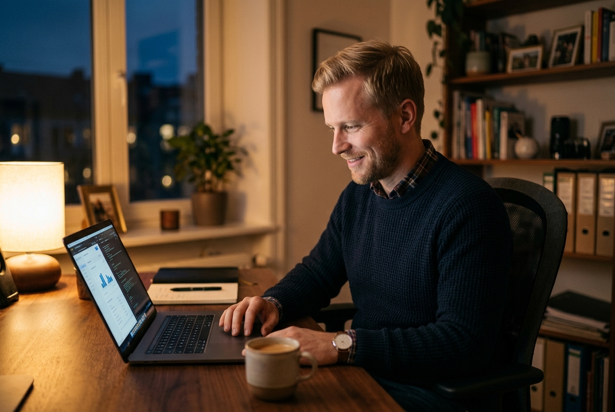 Homme blond souriant devant un ordinateur portable dans un bureau à la lumière tamisée.