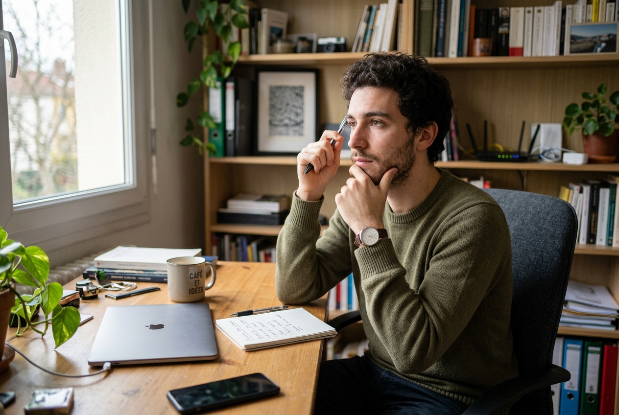 Un jeune homme assis à son bureau à domicile, en pleine réflexion.