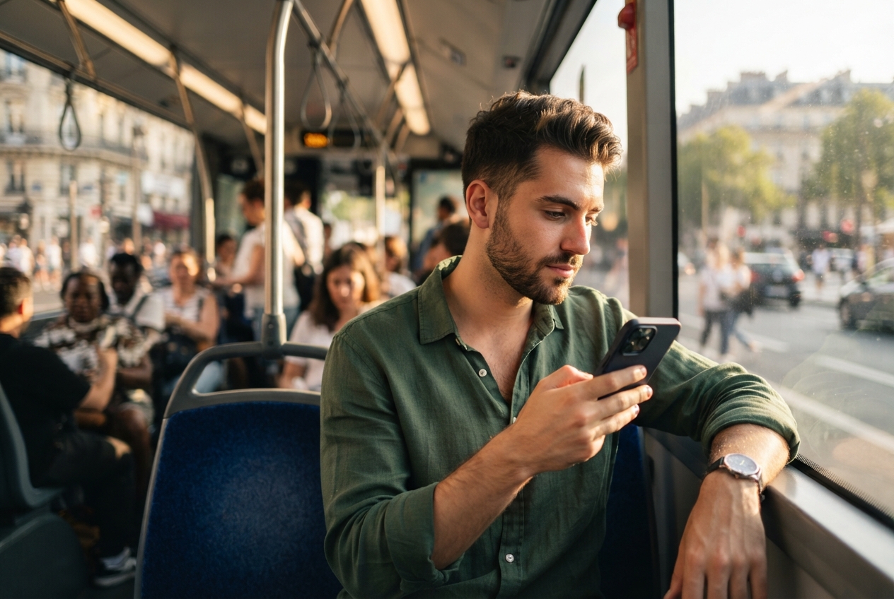 Un homme utilise son smartphone dans un bus urbain.