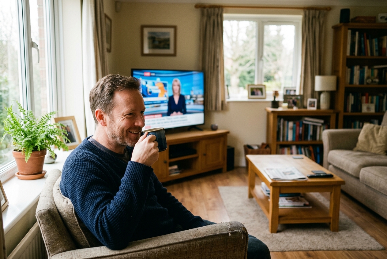 Un homme boit un café dans son salon avec une télévision allumée en arrière-plan.