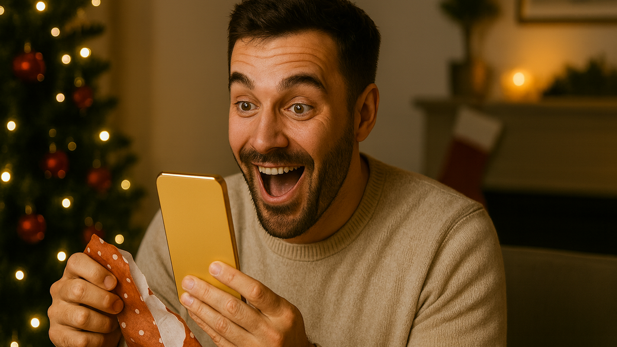 Homme heureux découvre un smartphone en or, car ravi du forfait Lebara de 250 Go en 5Go à moins de 9€, une vraie pépite