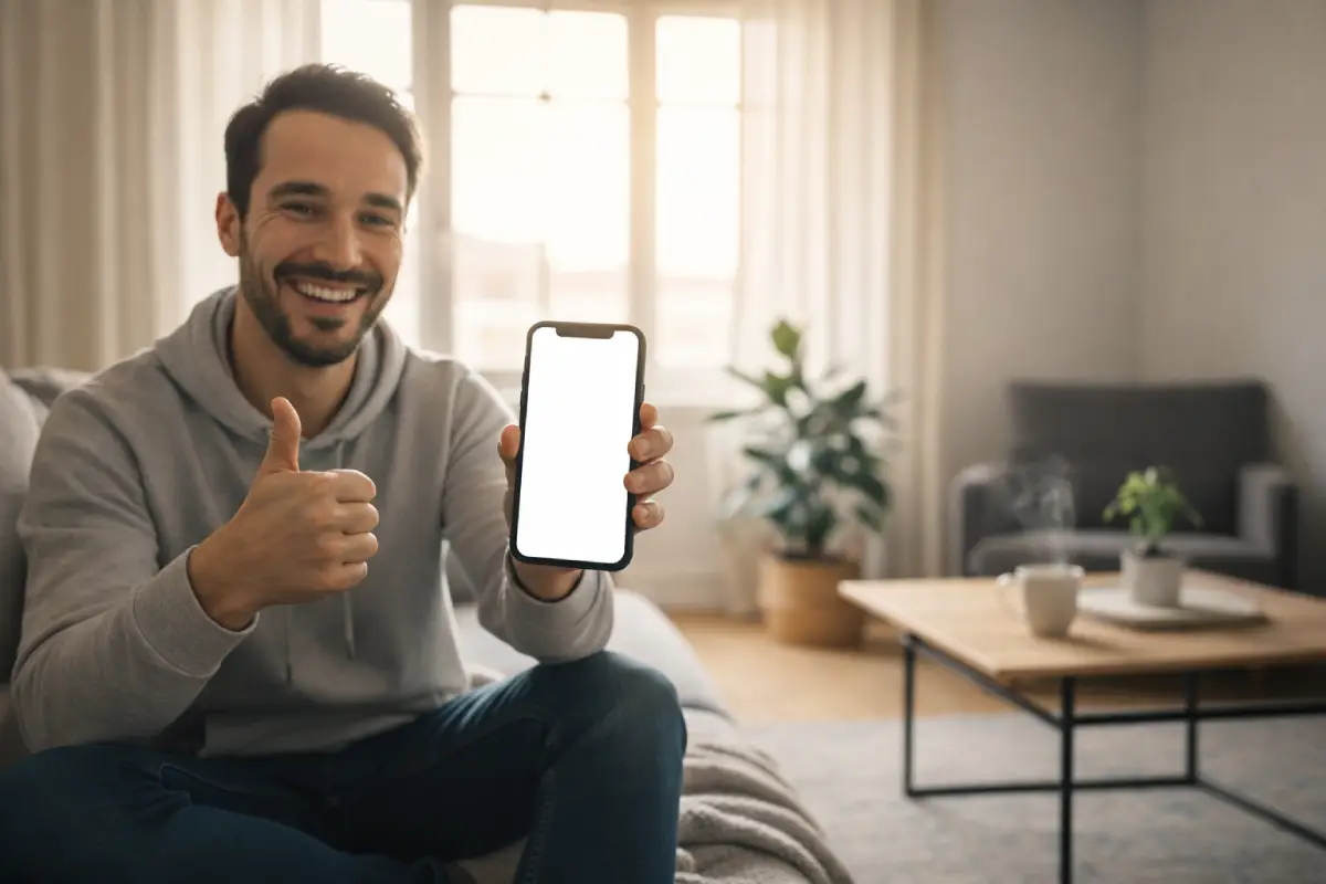 Homme avec smartphone et pouce levé content de son forfait Cdiscount Mobile avec 150 Go de 5G à moins de 8€