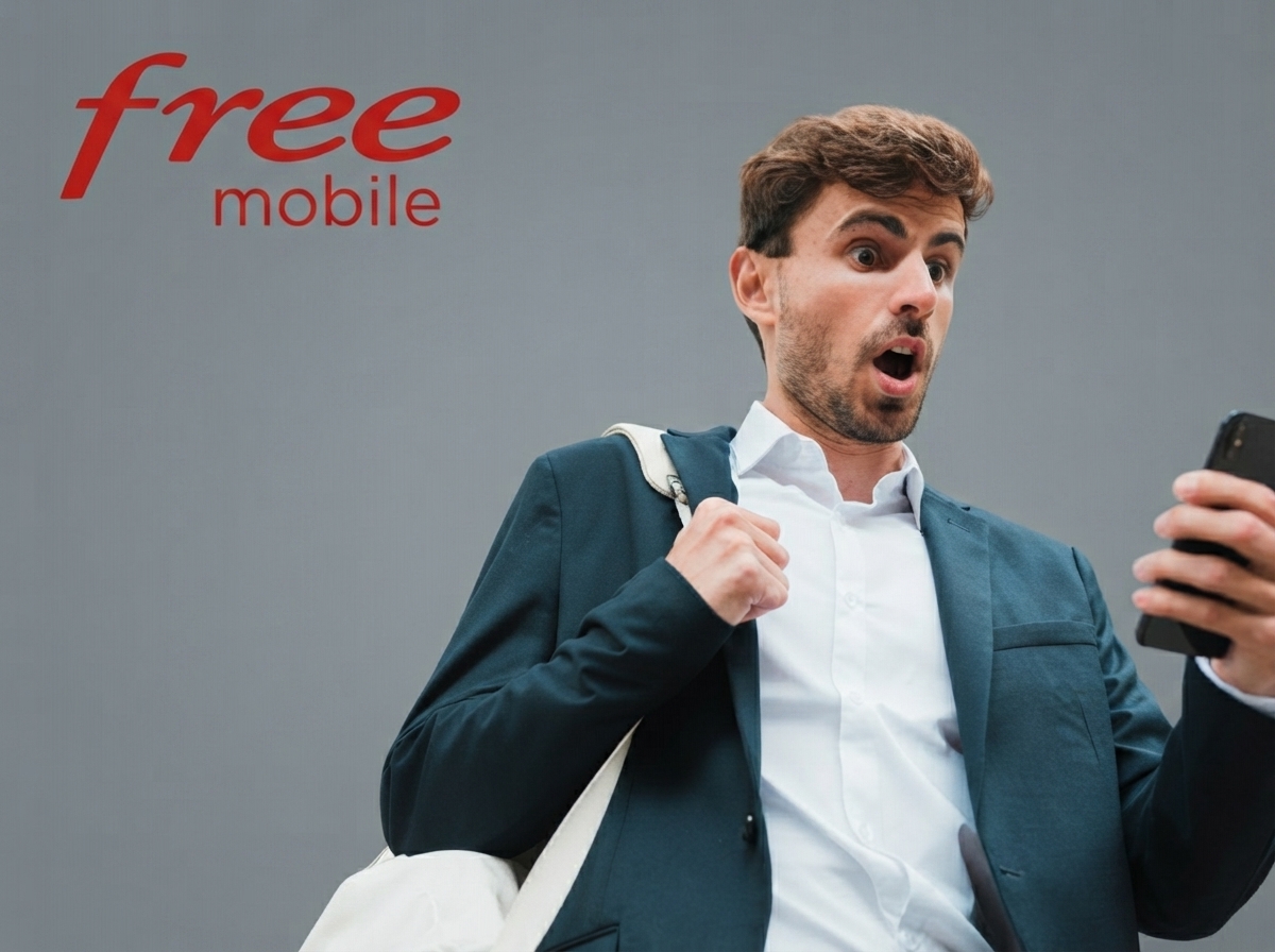 Homme surpris en regardant son smartphone, tant le forfait Free 5G+ est exceptionnel