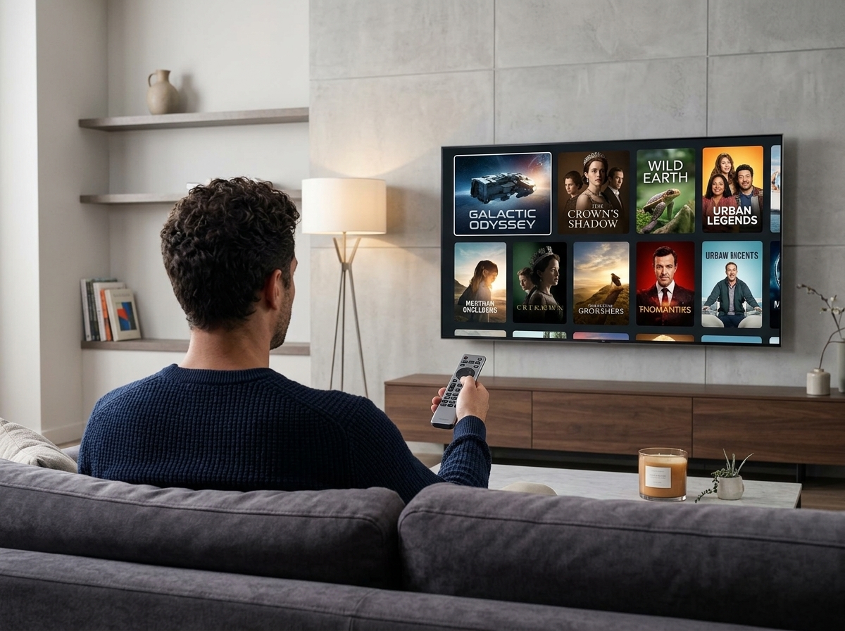 Une personne assise sur un canapé utilise une télécommande face à un téléviseur affichant une interface de streaming.