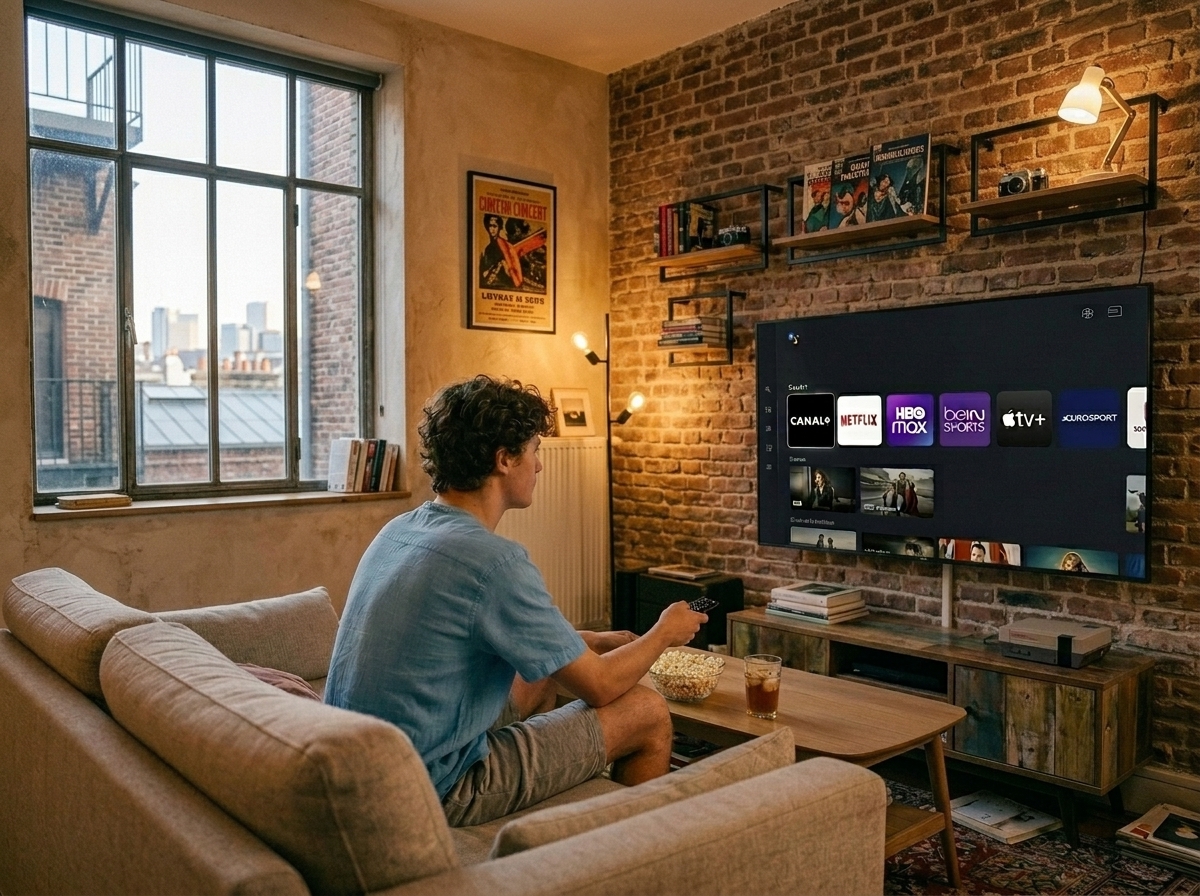 Homme assis sur un canapé devant une télévision affichant les logos de services de streaming.