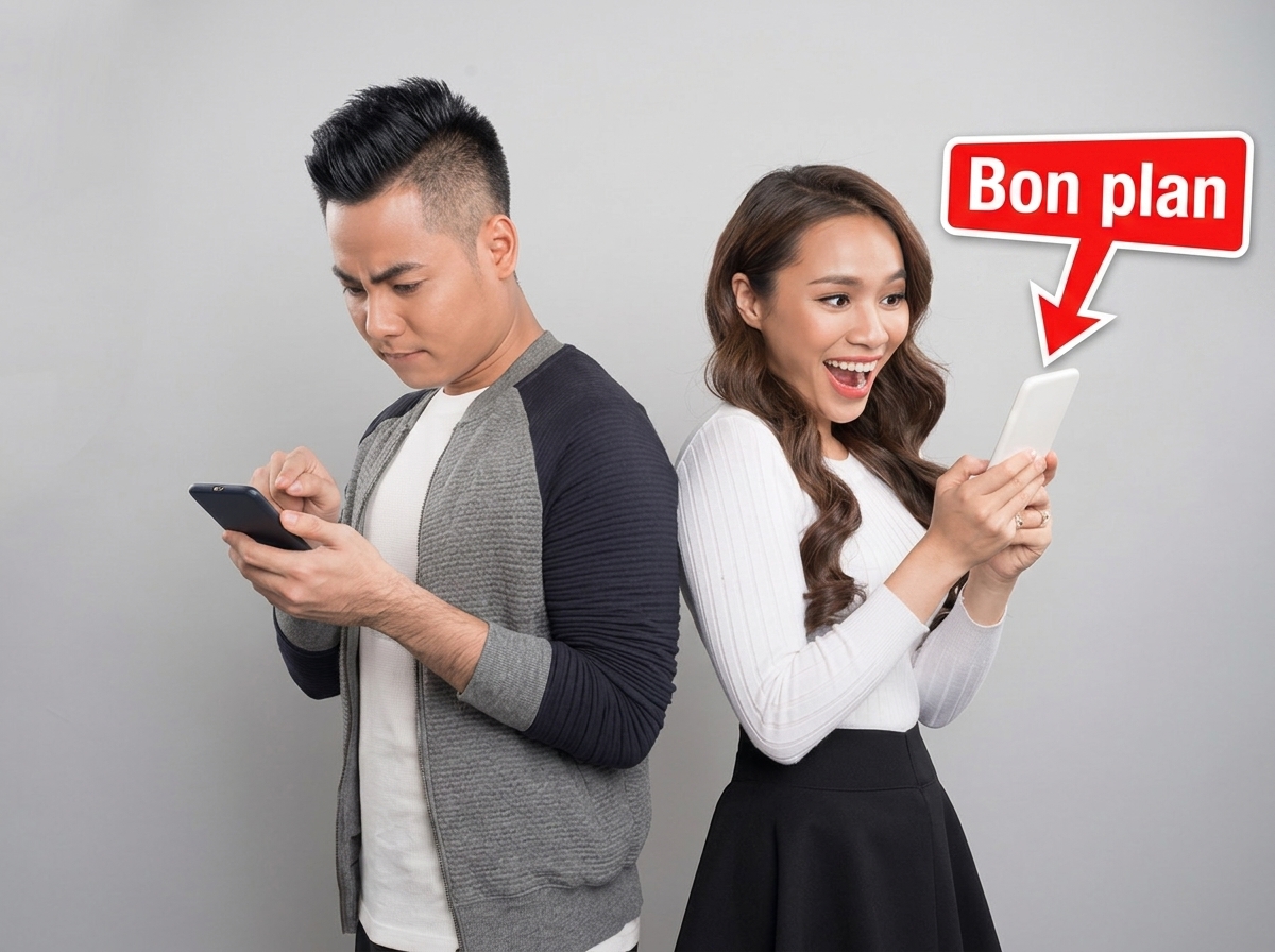 Homme et femme dos à dos avec chacun un smartphone, mais seule la fille sourit car "bon plan" pour son forfait mobile chez Lebara et YouPrice