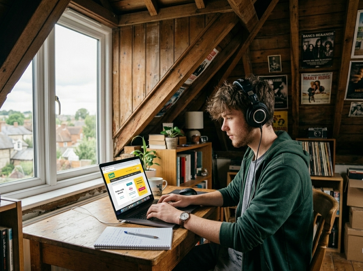 Un répéteur Wi-Fi posé sur un bureau près d'un MacBook dans une mezzanine surplombant un escalier.