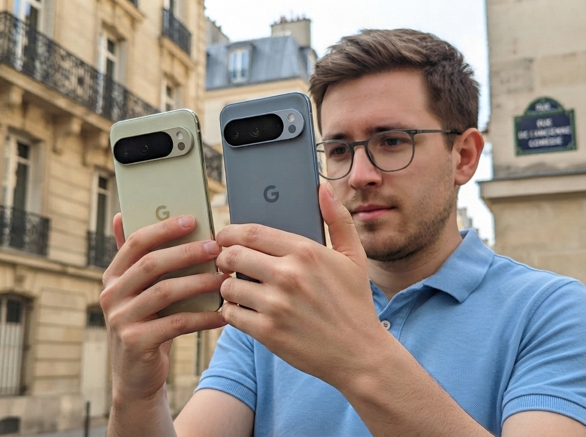 Homme portant un polo bleu clair tenant deux smartphones Google Pixel dans une rue.