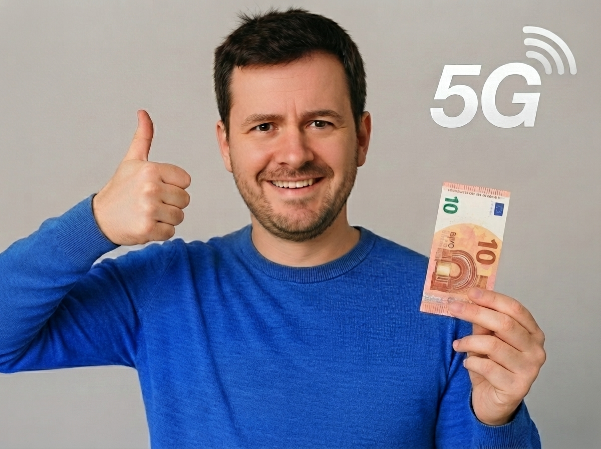 Homme pouce levé avec billet de 10€ sourit, car il a un forfait 5G de 200Go via YouPrice sur les trois réseaux