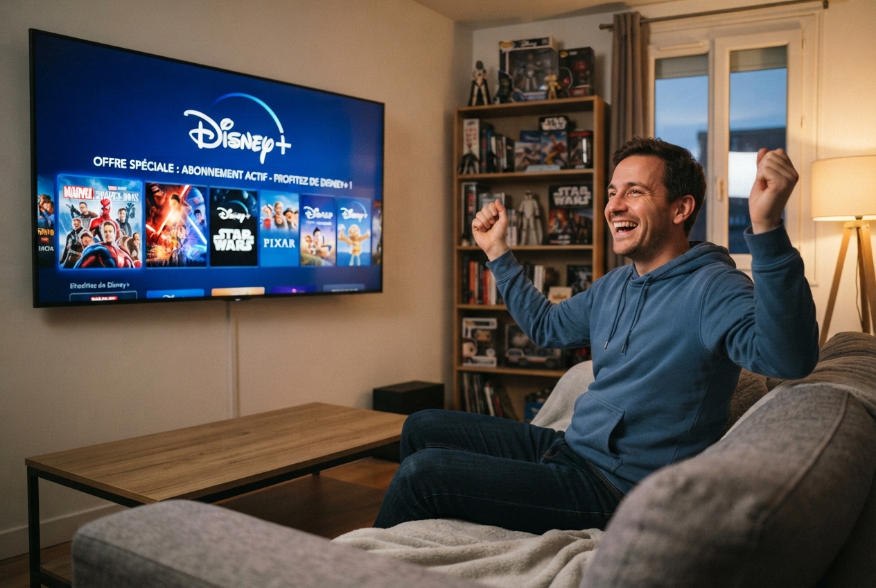 Un homme sourit devant sa télévision affichant le logo Disney+.