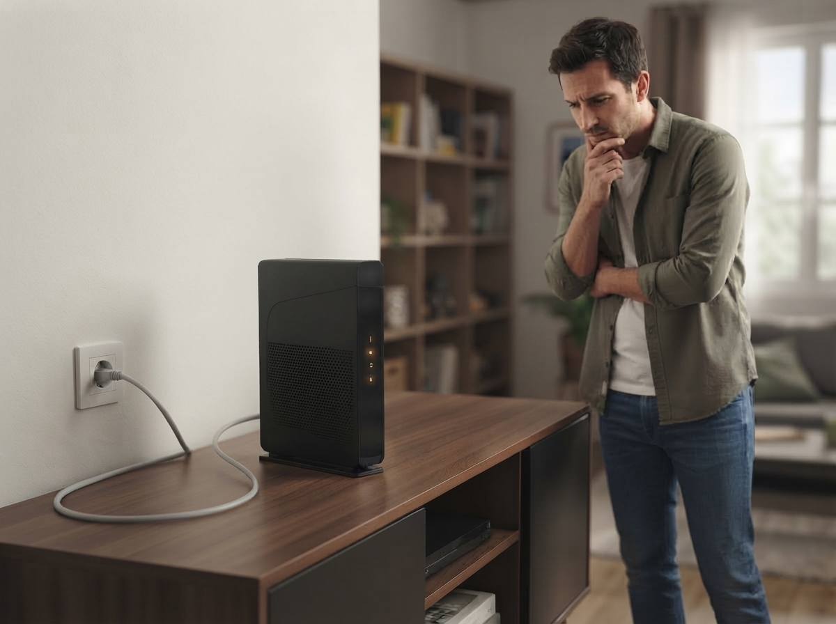 Un homme debout regarde une box internet branchée sur un meuble.