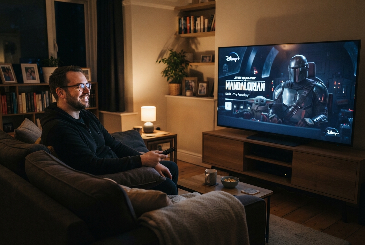 Un homme regarde une série sur la plateforme Disney+ à la télévision.