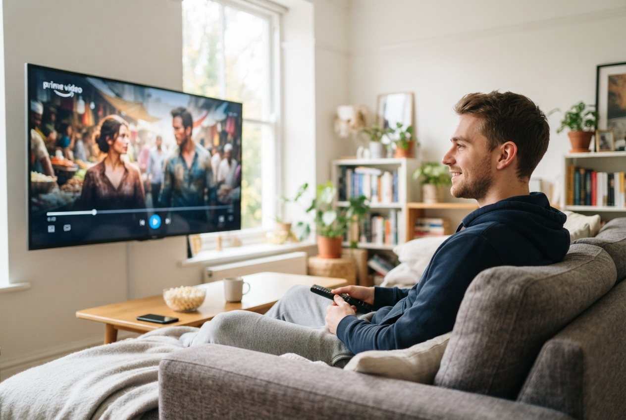Un homme regarde un film sur une plateforme de streaming dans une pièce éclairée.