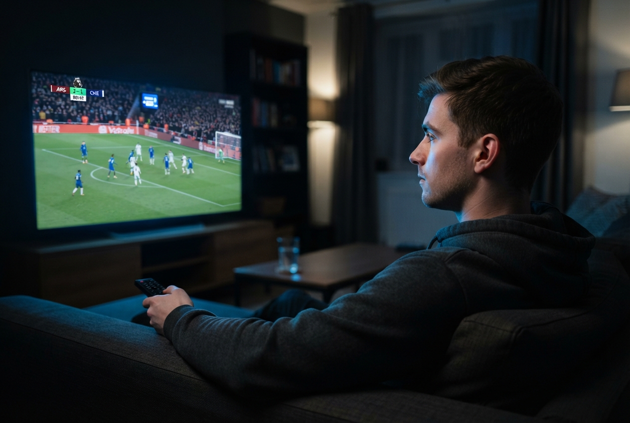 Jeune homme assis sur un canapé regardant un match de football à la télévision dans un salon sombre.