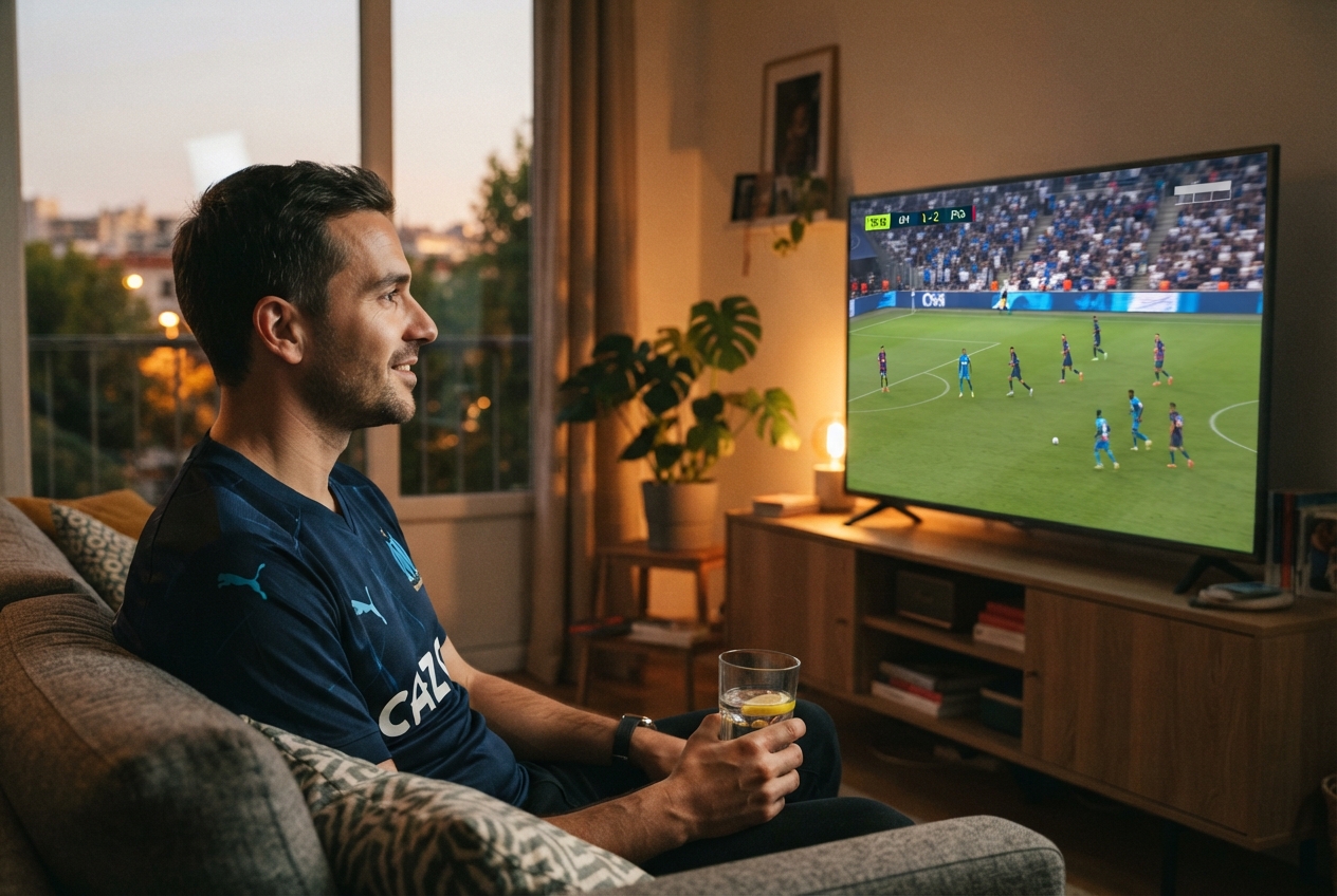 Un homme regarde un match OM-PSG à la télévision en été, le regard tourné vers l'écran.