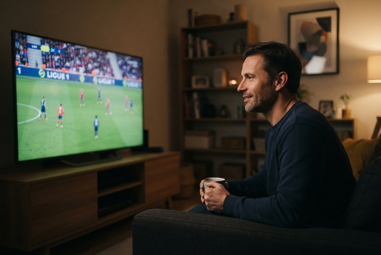 Un homme assis regarde un match de football diffusé sur un téléviseur.