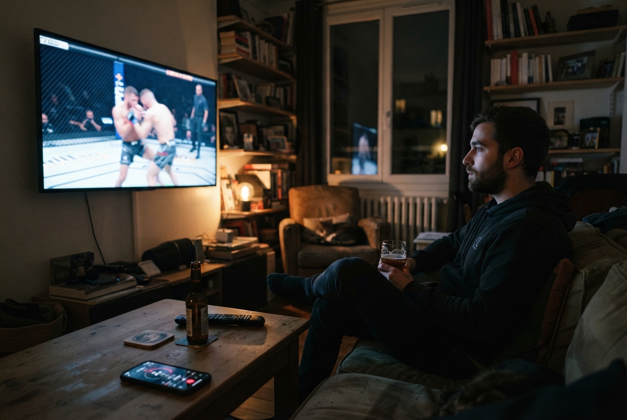 Un homme regarde un combat de MMA à la télévision dans un salon le soir.