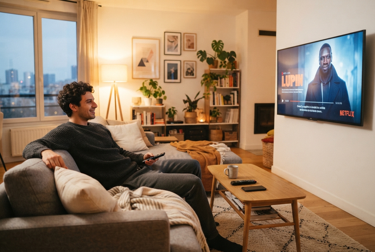 Un jeune homme regarde une série sur Netflix dans un salon moderne.