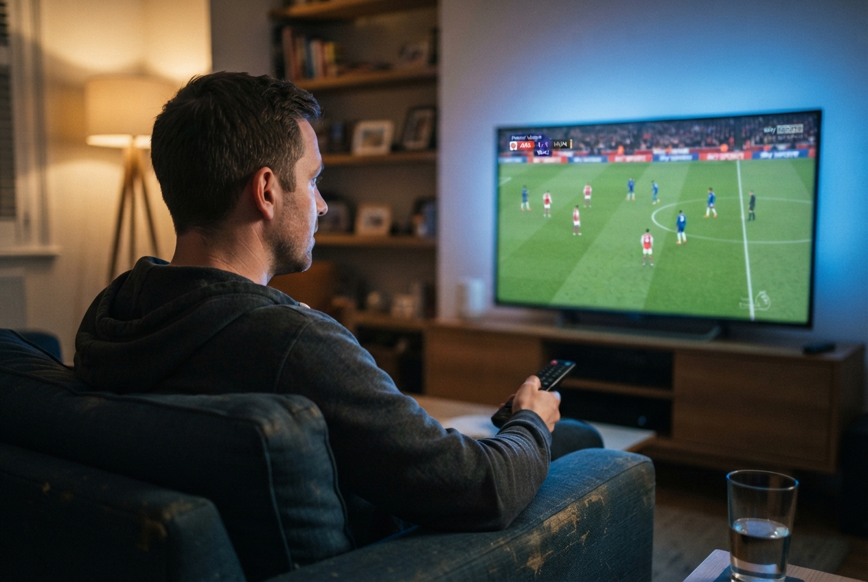 Homme assis sur un canapé regardant un match de sport à la télévision dans un salon.