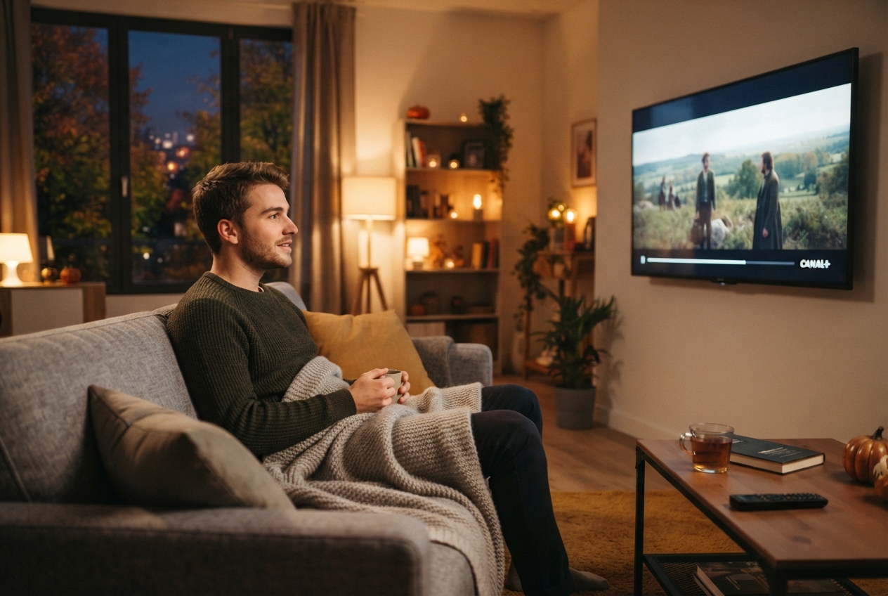 Un jeune homme regarde la télévision dans un salon moderne en automne.