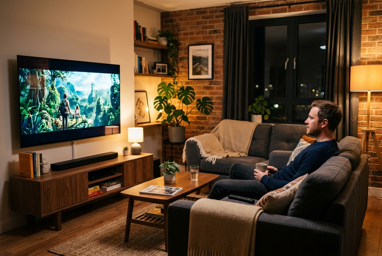 Un homme assis dans un salon regarde un film sur un téléviseur éteint.