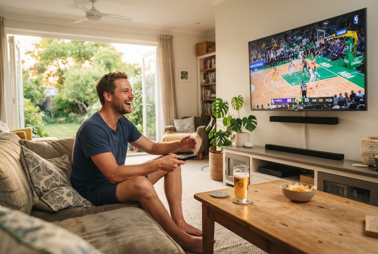 Un homme regarde un match de basket à la télévision pendant l'été.