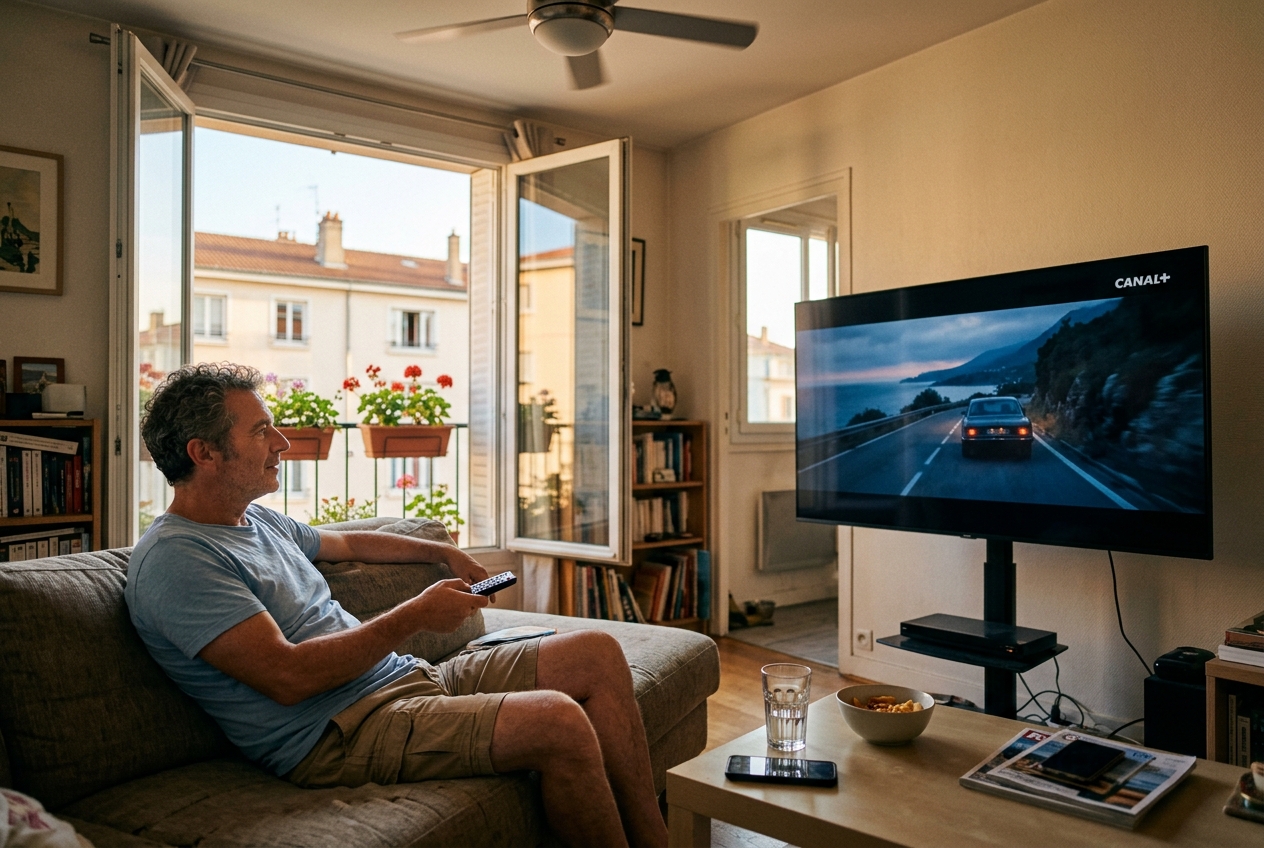 Un homme regarde un film sur Canal+ à la télévision pendant l'été.