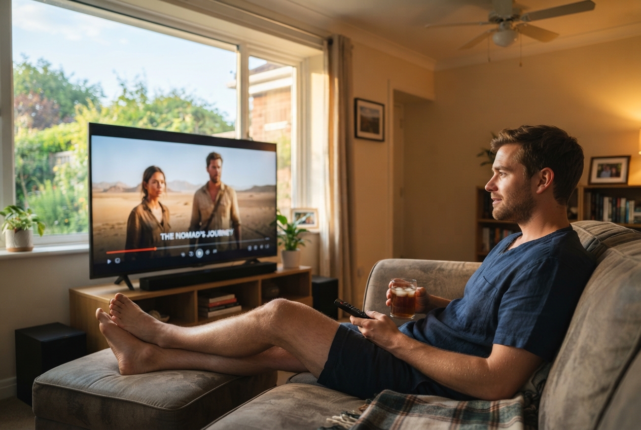 Un homme regarde un film sur un téléviseur dans une pièce éclairée par la lumière du jour.