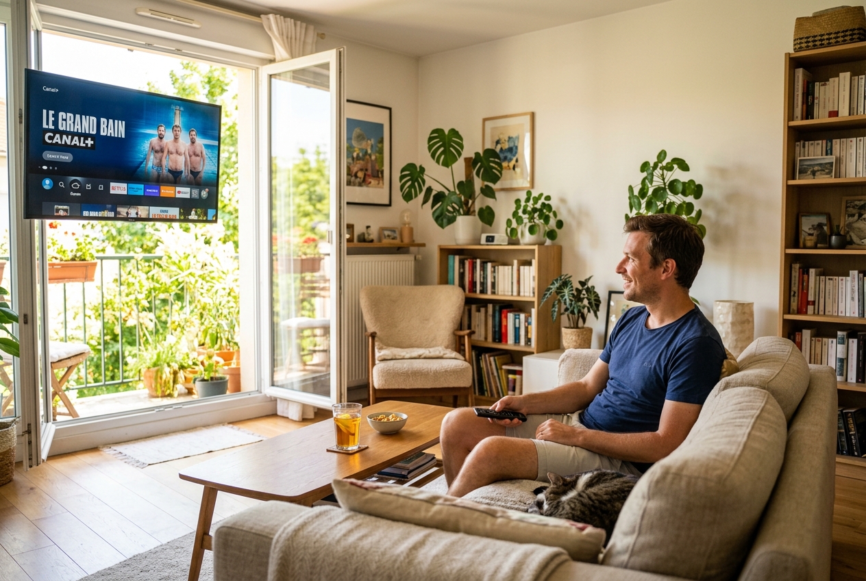 Un homme regarde un film sur une télévision Amazon Fire TV dans un salon éclairé par la lumière du jour.