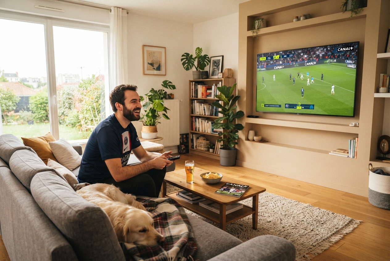 Un homme regarde un match de football sur un téléviseur Canal+ dans un salon.