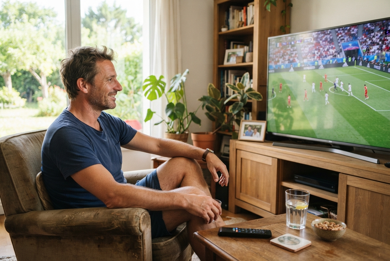 Un homme assis sur un canapé regarde un match de football à la télévision en été.