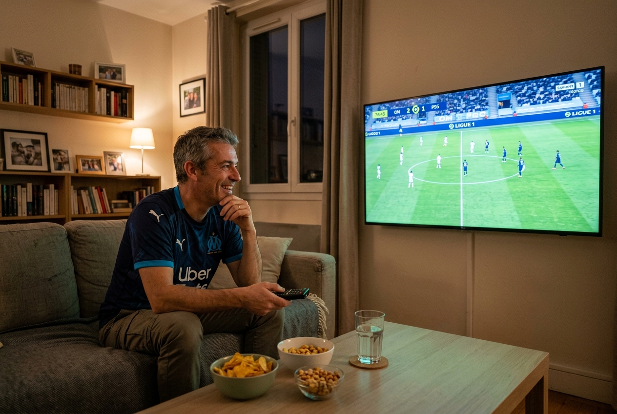Un homme assis sur un canapé regarde un match de football à la télévision avec un verre d'eau.