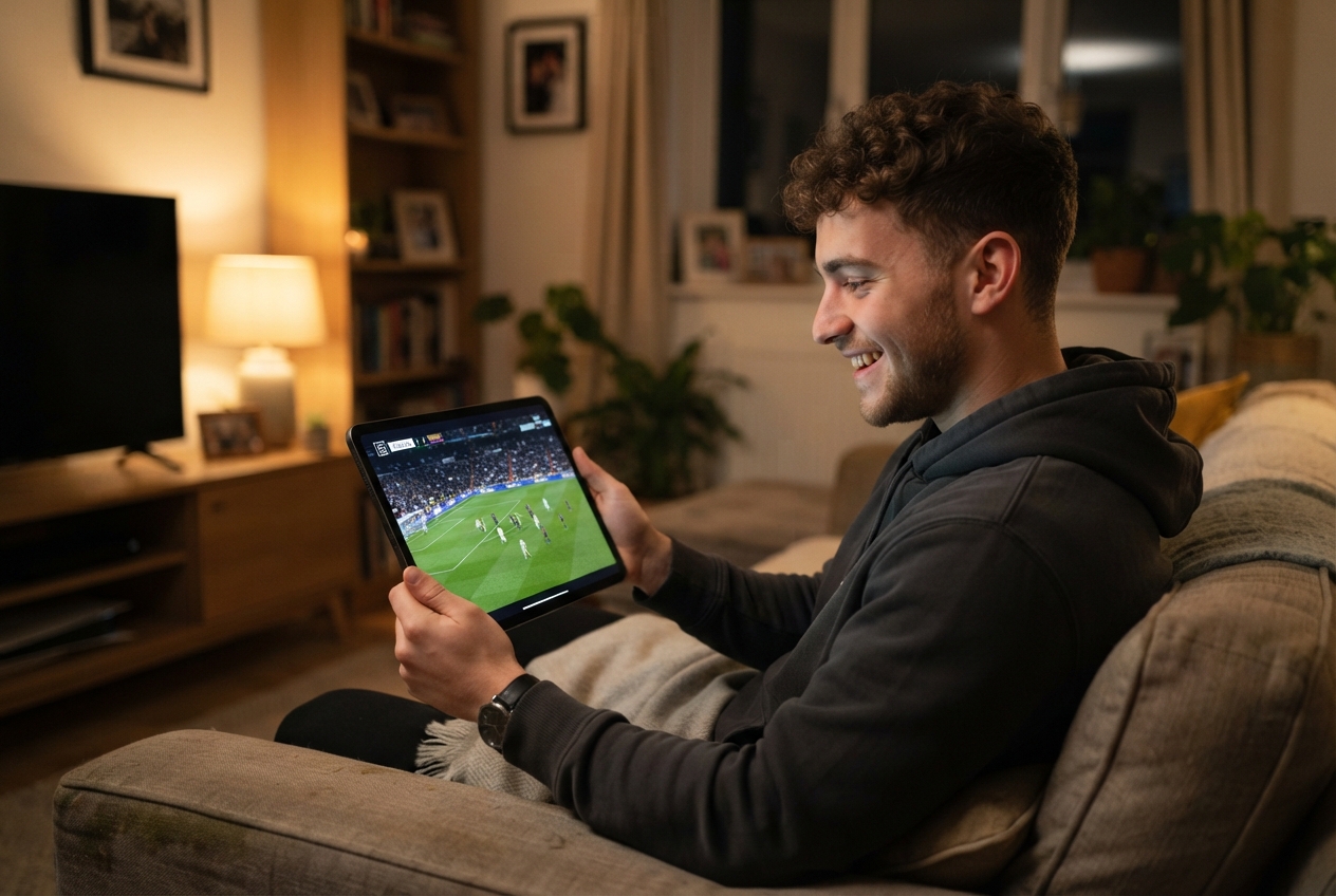 Un jeune homme regarde un match de football sur une tablette via l'application DAZN.
