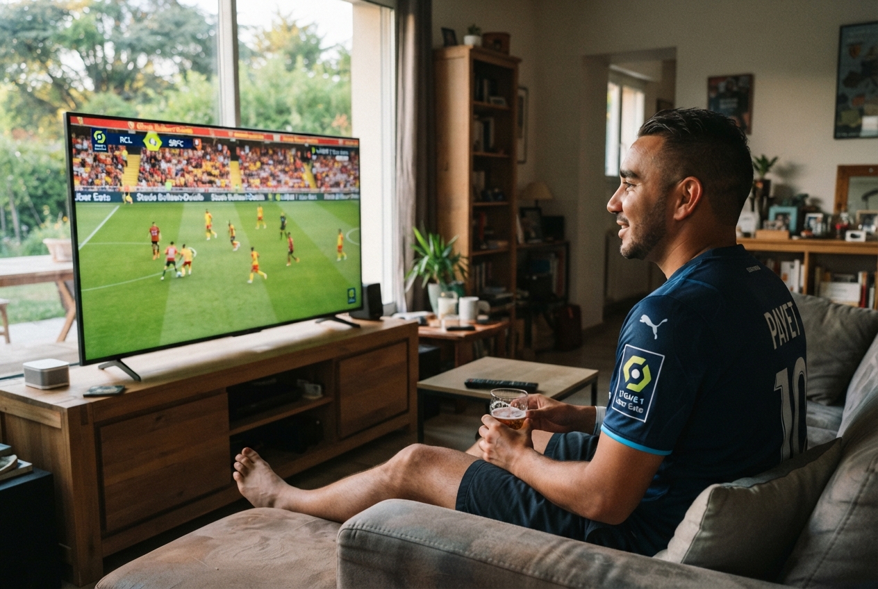 Un homme regarde un match de football sur l'application Ligue 1+ sur un écran en été.