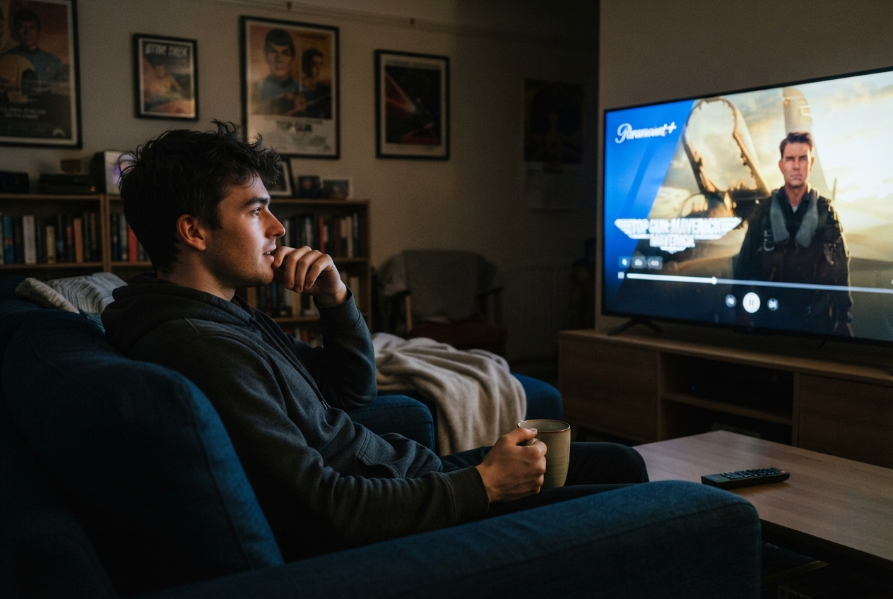 Un jeune homme regarde un film sur la plateforme Paramount+ sur un ordinateur.